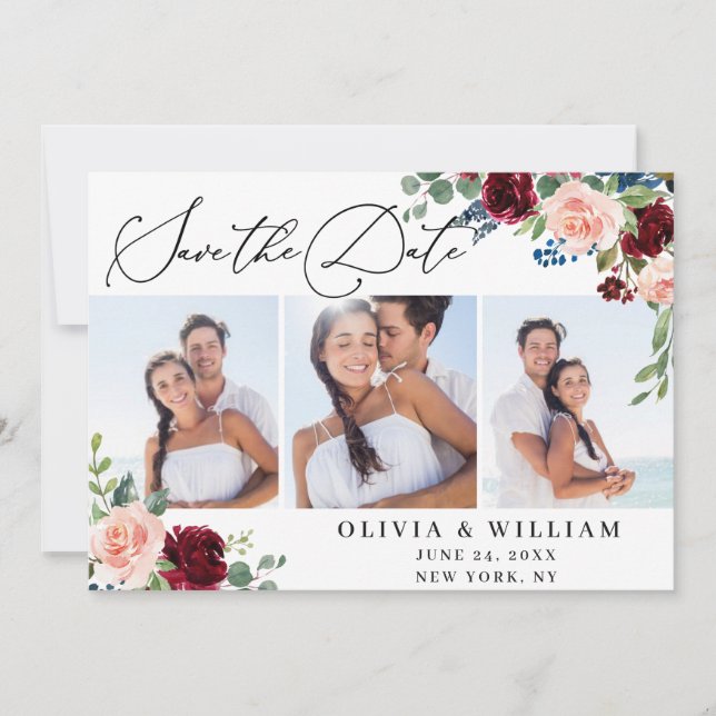 Save The Date Burgundy Blush Navy White Roses 3 PHOTO Mariage (Devant)