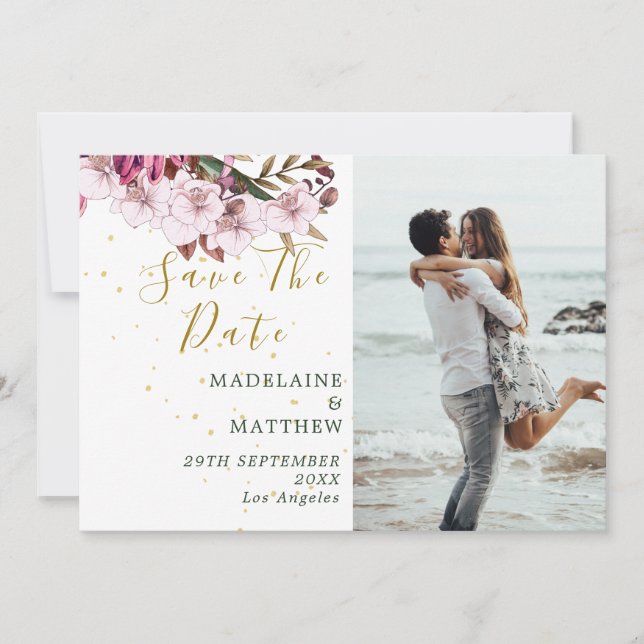 Save The Date Burgundy Blush Photo Floral Gold Elegant Chic (Devant)