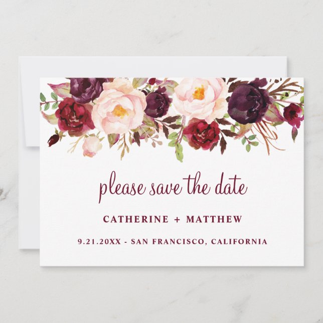 Save The Date Burgundy Blush Rose Wedding Enregistrer la date (Devant)