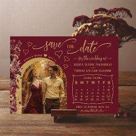 Save The Date Burgundy Boho Wildflowers Photo & Calendar Wedding