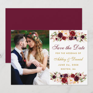 Save The Date Burgundy Floral Gold Photo Enregistrer La Date
