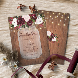Save The Date Burgundy Floral Rustic Wood Wedding Enregistrer la