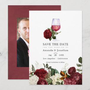 Save The Date Burgundy Floral Vin Dégustation Mariage Photo