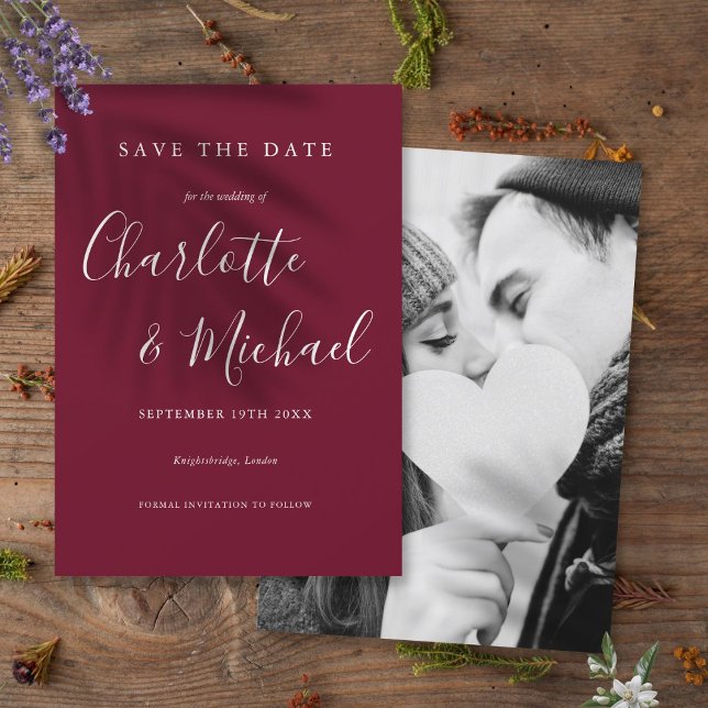 Save the Date Burgundy Foto Wedding Einladung (Save the Date Burgundy Photo Wedding Invitation)