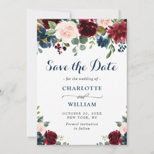 Save The Date Burgundy Marine Bleu Aquarelle Bleu Mariage Floral