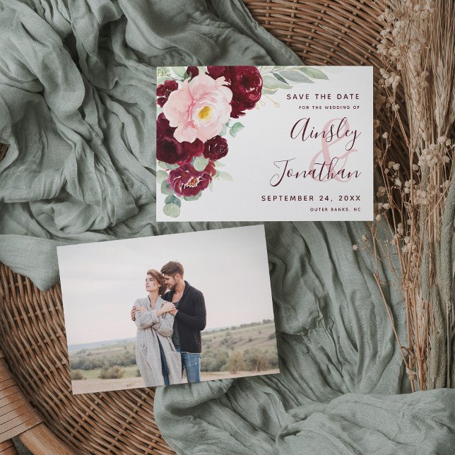 Save The Date Burgundy moderne Blush Floral Greenery Photo (Créateur téléchargé)