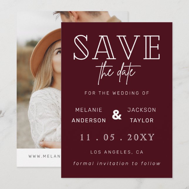 Save The Date Burgundy Moderne Calligraphie Photo Enregistrer La (Devant / Derrière)