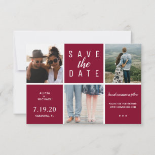 Save The Date Burgundy moderne simple 3 photo collage mariage