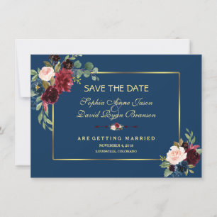 Save The Date Burgundy Navy Bleu Floral Or Enregistrer La Date