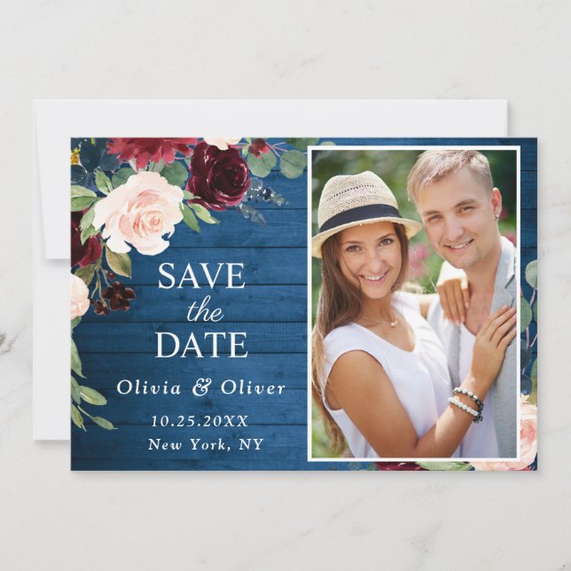 Save The Date Burgundy Navy Blue Blush PHOTO Floral Mariage (Devant)
