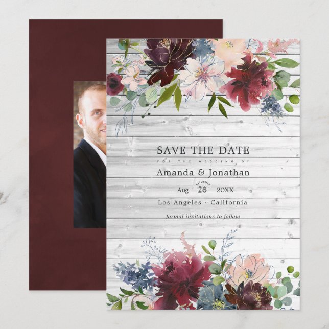 Save The Date Burgundy, Navy et Blush Floral Mariage Photo (Devant / Derrière)
