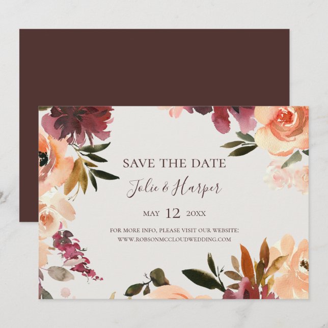 Save The Date Burgundy Orange Floral Beige horizontal (Devant / Derrière)