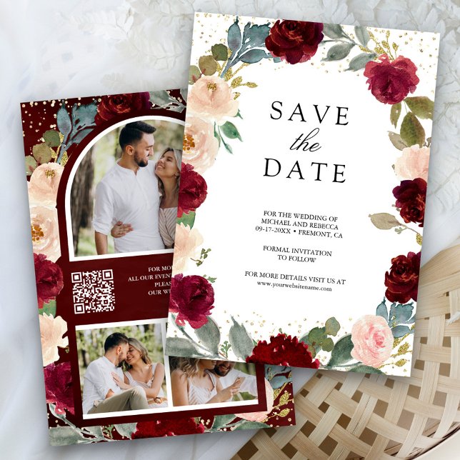 Save The Date Burgundy Peach Floral Photo QR Code Mariage (Créateur téléchargé)