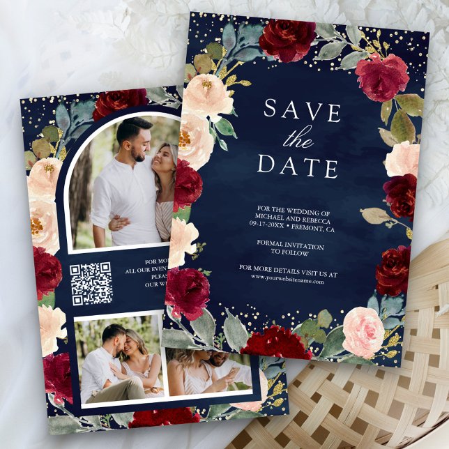 Save The Date Burgundy Pêcher Floral Photo Marine QR Code Mariag (Créateur téléchargé)