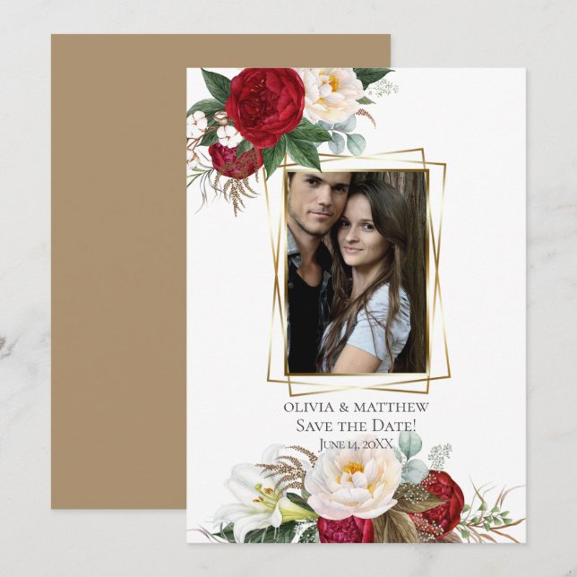 Save The Date | Burgundy Peony Floral Bouquets Einladung (Vorne/Hinten)