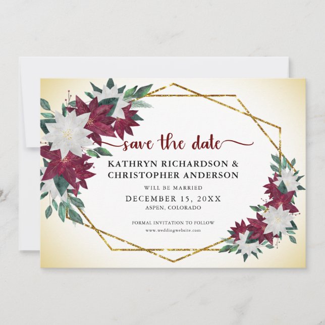 Save The Date Burgundy Poinsettias Parties scintillant d'or Noël (Devant)