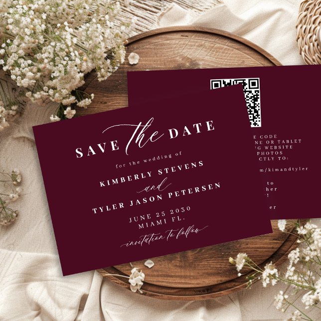 Save The Date Burgundy QR code simple elegant wedding  (Créateur téléchargé)