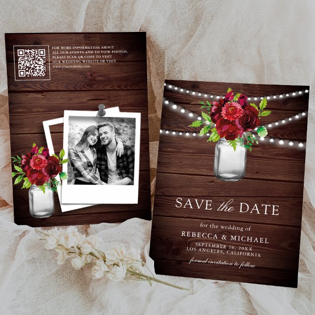 Save The Date Burgundy Red Floral Wood QR Code Mariage Photo (Créateur téléchargé)