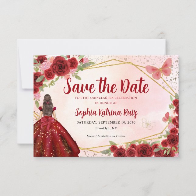 Save The Date Burgundy Red Gold Floral Princess Quinceañera (Devant)