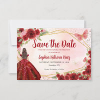 Burgundy Red Gold Floral Princess Quinceañera
