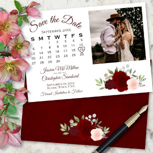 Save The Date Burgundy Rouge & Roses Rose Mariage Calendrier & P