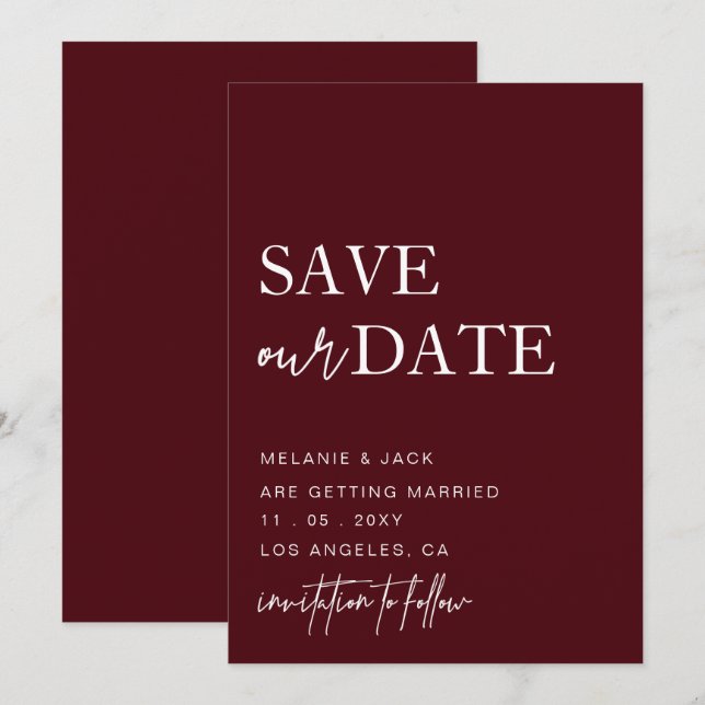 Save The Date Burgundy Simple Calligraphie Enregistrer La Date (Devant / Derrière)