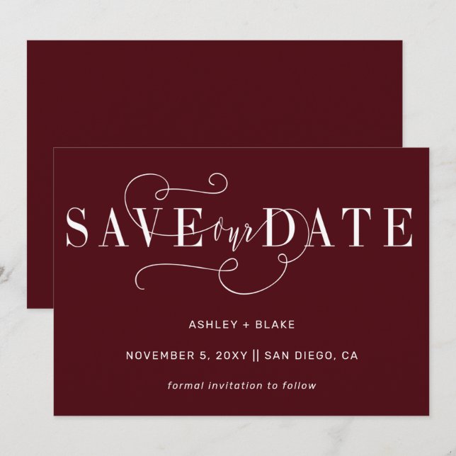 Save The Date Burgundy Simple Calligraphie manuscrite (Devant / Derrière)