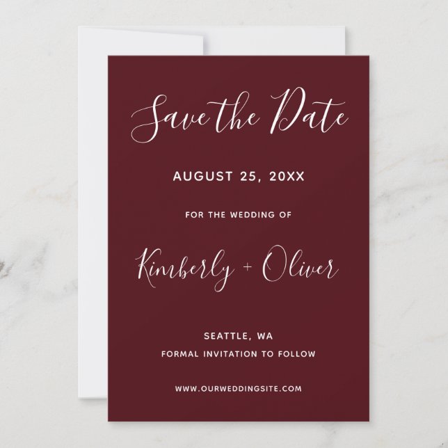 Save The Date Burgundy Simple Calligraphy Enregistrer la date (Devant)