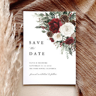 Save The Date Burgundy Winter Floral Elegant Wedding