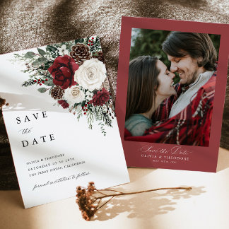 Save The Date Burgundy Winter Floral Photo Back Wedding