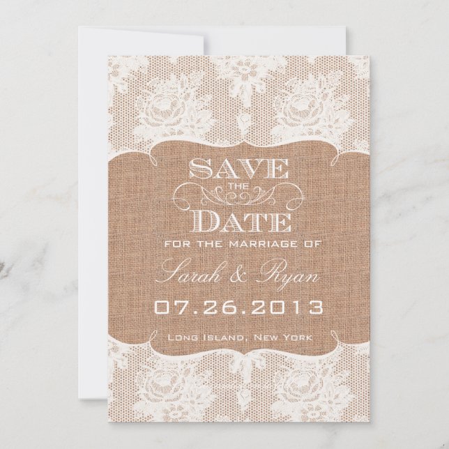 Save The Date Burlap rustique Imprimer & Dentelle Enregistrer la (Devant)