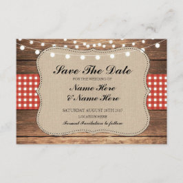Save the Date Burlap Wood Rustic Red Karo Card