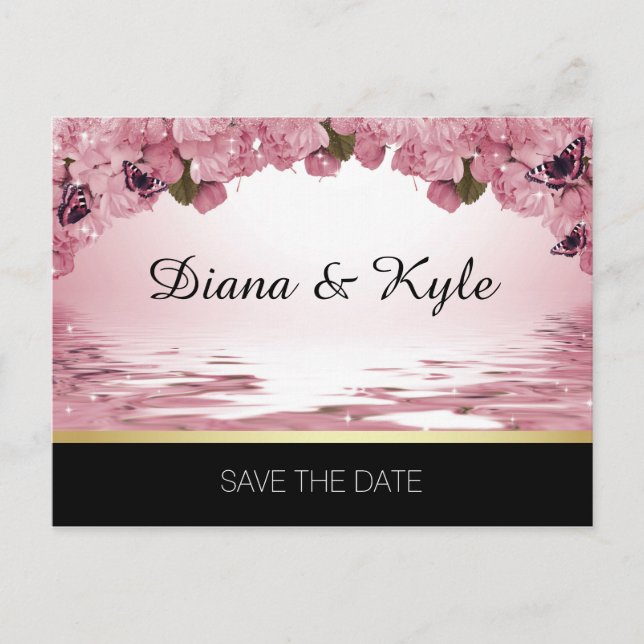 SAVE THE DATE Butterfly Pink Black Gold Hochzeit Ankündigungspostkarte (Vorderseite)