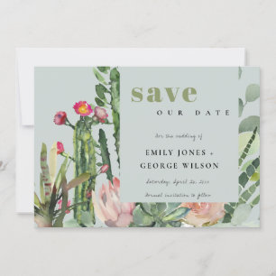 SAVE THE DATE CACTUS DE DÉSERT À FLEURS ROSES GRIS FEUILLAGE AÉQ