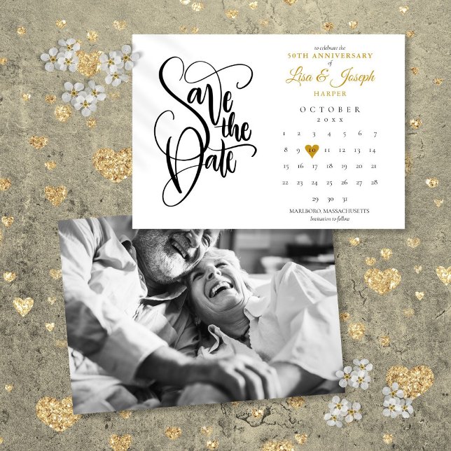 Save The Date Cadeau 50 ans de mariage Calendrier Photo cœur en  (50th Wedding Anniversary Gold Heart Calendar Photo Save The Date)