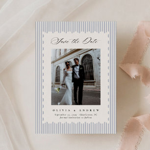 Save The Date Cadre arrondi à rayure bleue Photo moderne 