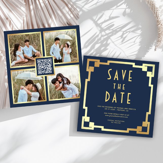 Save The Date Cadre Art Déco Bleu Marine Or Code QR Mariage (Créateur téléchargé)