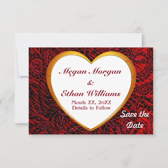 Save The Date Cadre Coeur Or et tissu Rouge Motif Couple (Devant)