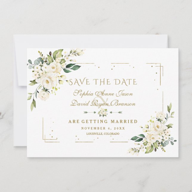 Save The Date Cadre de Confettis de Mariage Fleuris Blancs et Pa (Devant)