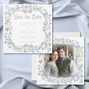 Save The Date Cadre de fantasy médiéval bleu or gravure photo