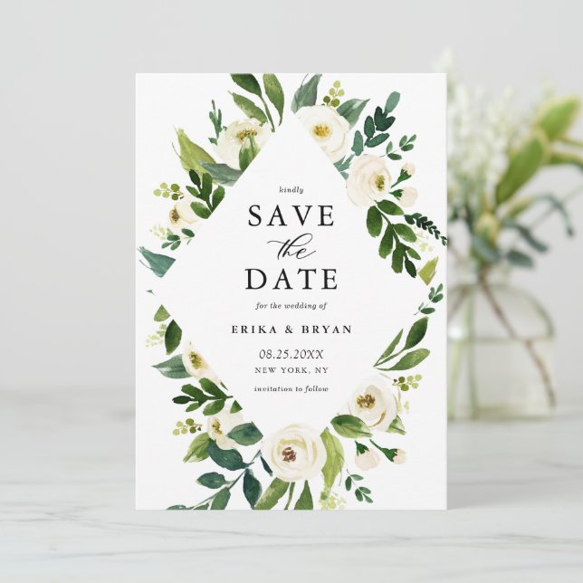 Save The Date Cadre de fleurs blanches de printemps à l'aquarell (Debout devant)