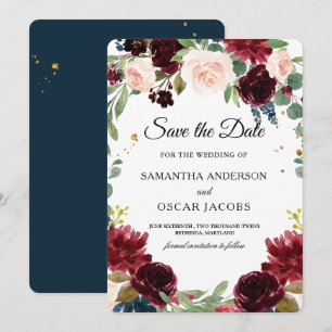 Save The Date Cadre de fleurs rouge, bleu marine et burgundy rus