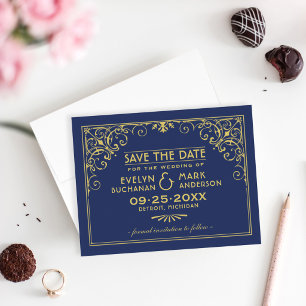 Save The Date Cadre de mariage Art Déco en or et bleu marine pro