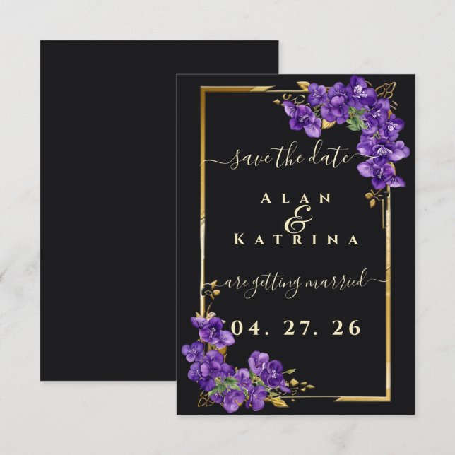 Save The Date Cadre doré à fleurs violet foncé (Devant / Derrière)