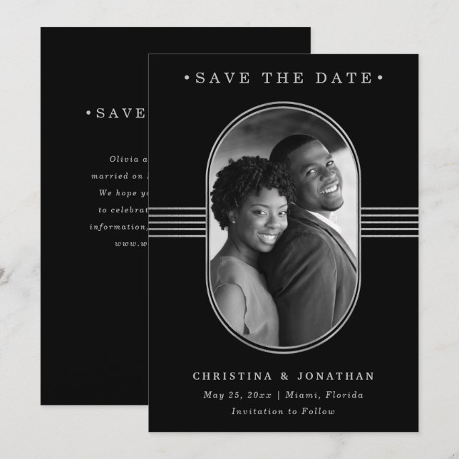 Save The Date Cadre élégant | Argent et noir avec photo (Devant / Derrière)