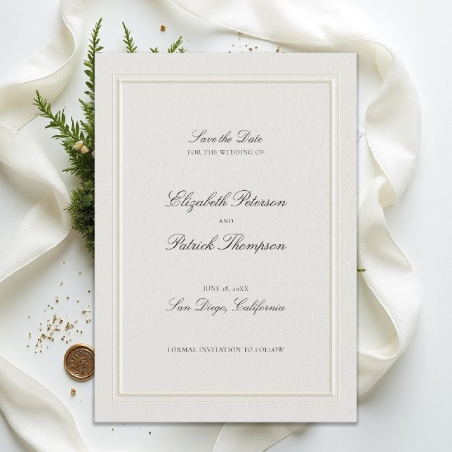 Save The Date Cadre élégant écru de style classique moderne form (modern classic wedding invitation double frame elevated ecru formal traditional calligraphy)