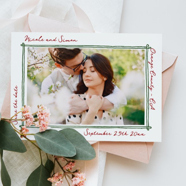 Save The Date Cadre esquissé Mariage photo à main blanche (Créateur téléchargé)