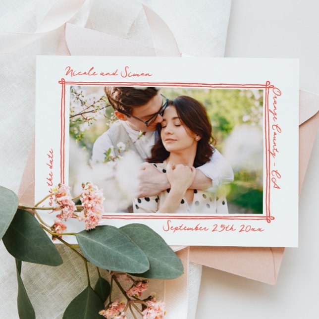 Save The Date Cadre esquissé Mariage photo à main blanche (Créateur téléchargé)