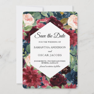 Save The Date Cadre floral à l'aquarelle Bourgogne, bleu marine