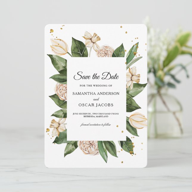 Save The Date Cadre floral aquarelle moderne vert et jaune (Debout devant)